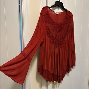 EUC Bell Sleeve Lace Rust Red Boho Tunic Blouse | Ultra Pink Brand | Women’s XL